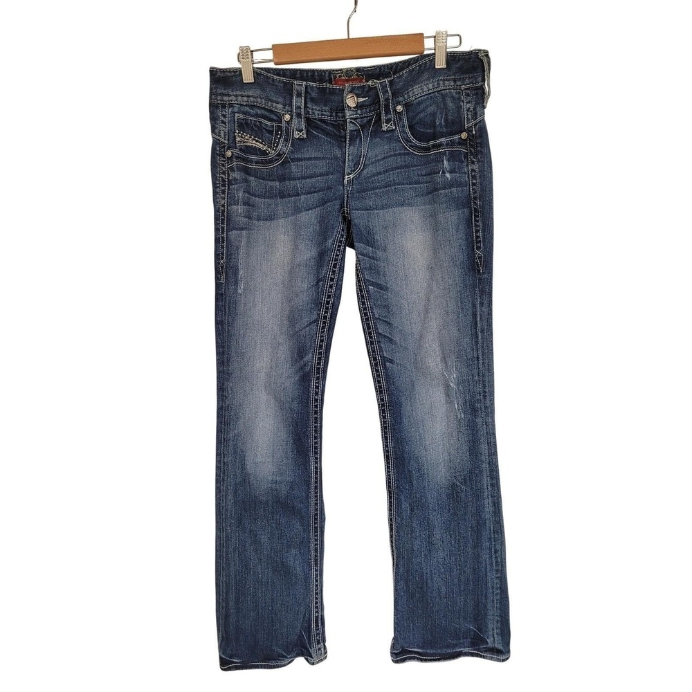 Maurices Denim Womens Faded Jeans RGL Embellished 36X33 Y2K Distressed Size 9/10